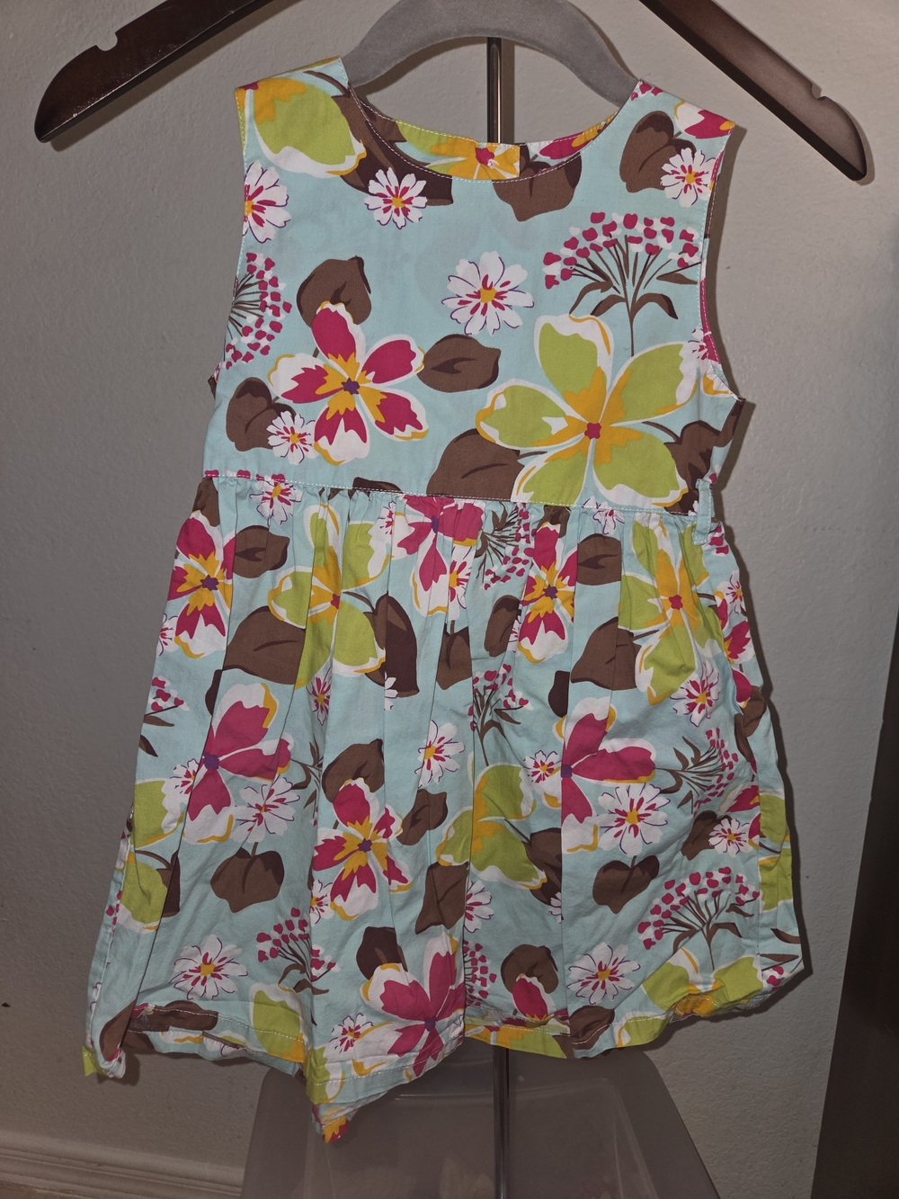 Girls Aqua Floral Sleeveless Casual Dress with Pink & Yellow Blooms